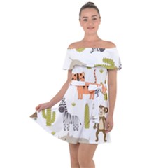 Cute Safari Animals Seamless Pattern Off Shoulder Velour Dress by Vaneshart