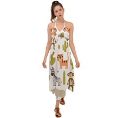 Cute Safari Animals Seamless Pattern Halter Tie Back Dress 