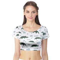 Vector Seamless Pattern With Cute Crocodiles Short Sleeve Crop Top