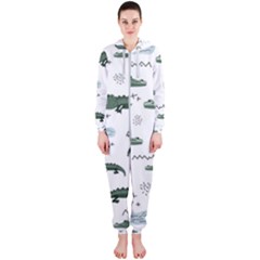 Vector Seamless Pattern With Cute Crocodiles Hooded Jumpsuit (ladies) 