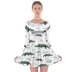 Vector Seamless Pattern With Cute Crocodiles Long Sleeve Skater Dress