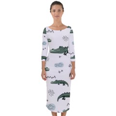 Vector Seamless Pattern With Cute Crocodiles Quarter Sleeve Midi Bodycon Dress