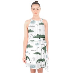 Vector Seamless Pattern With Cute Crocodiles Halter Collar Waist Tie Chiffon Dress