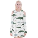 Vector Seamless Pattern With Cute Crocodiles Velvet Long Sleeve Shoulder Cutout Dress View1