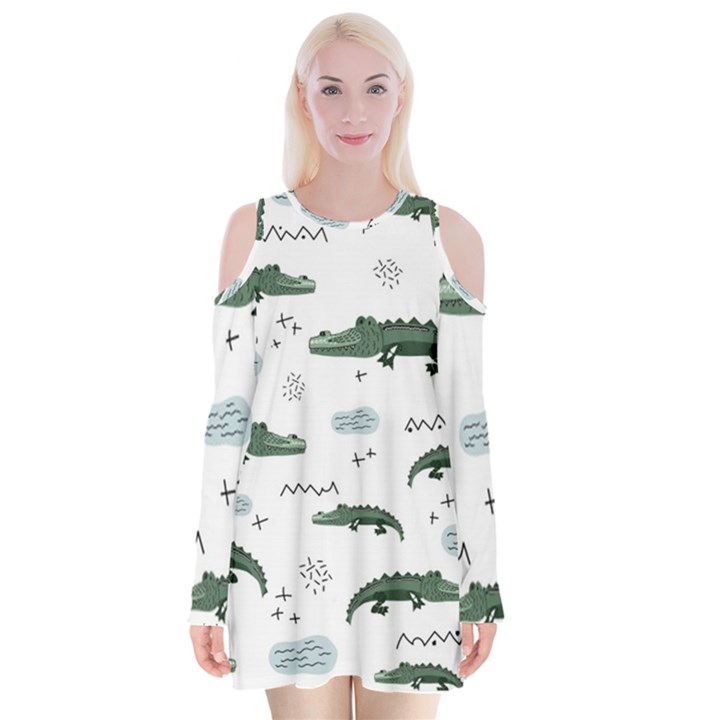 Vector Seamless Pattern With Cute Crocodiles Velvet Long Sleeve Shoulder Cutout Dress