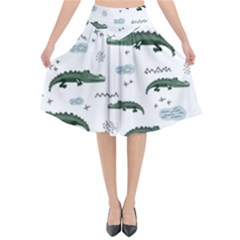 Vector Seamless Pattern With Cute Crocodiles Flared Midi Skirt