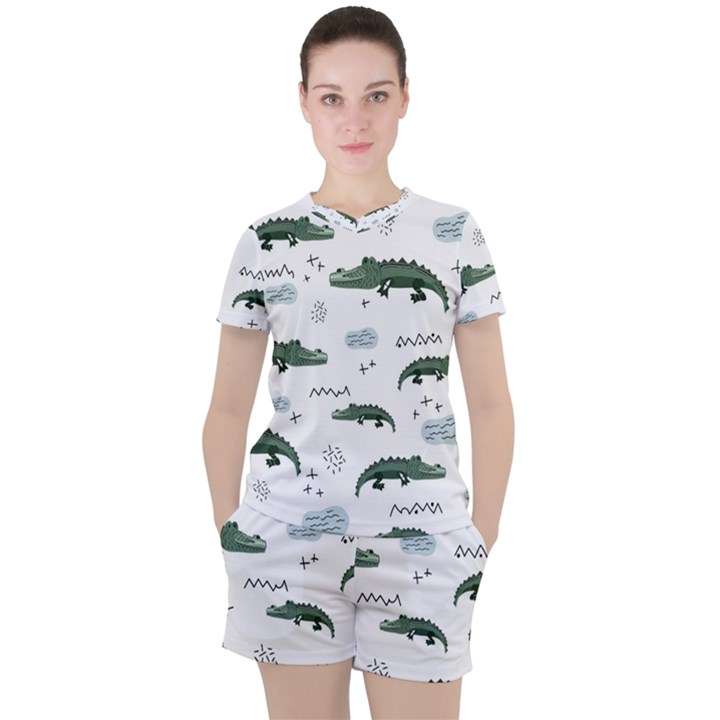 Vector Seamless Pattern With Cute Crocodiles Women s Tee and Shorts Set