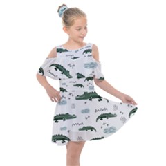 Vector Seamless Pattern With Cute Crocodiles Kids  Shoulder Cutout Chiffon Dress