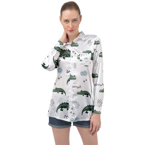 Vector Seamless Pattern With Cute Crocodiles Long Sleeve Satin Shirt by Vaneshart