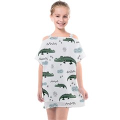 Vector Seamless Pattern With Cute Crocodiles Kids  One Piece Chiffon Dress