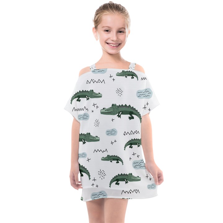 Vector Seamless Pattern With Cute Crocodiles Kids  One Piece Chiffon Dress