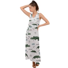 Vector Seamless Pattern With Cute Crocodiles V-neck Chiffon Maxi Dress