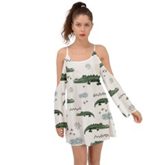 Vector Seamless Pattern With Cute Crocodiles Kimono Sleeves Boho Dress