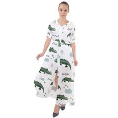 Vector Seamless Pattern With Cute Crocodiles Waist Tie Boho Maxi Dress