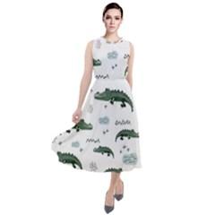 Vector Seamless Pattern With Cute Crocodiles Round Neck Boho Dress