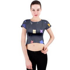 Memphis Pattern With Geometric Shapes Crew Neck Crop Top by Vaneshart