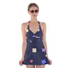 Memphis Pattern With Geometric Shapes Halter Dress Swimsuit  by Vaneshart