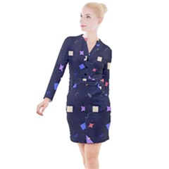 Memphis Pattern With Geometric Shapes Button Long Sleeve Dress by Vaneshart