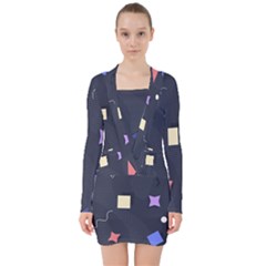 Memphis Pattern With Geometric Shapes V-neck Bodycon Long Sleeve Dress by Vaneshart