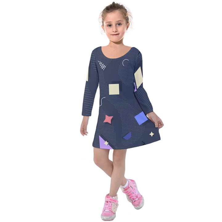 Memphis Pattern With Geometric Shapes Kids  Long Sleeve Velvet Dress