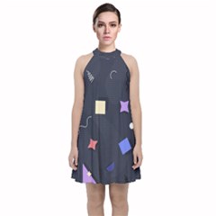 Memphis Pattern With Geometric Shapes Velvet Halter Neckline Dress 