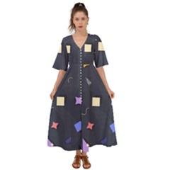 Memphis Pattern With Geometric Shapes Kimono Sleeve Boho Dress