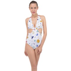 Memphis Pattern With Geometric Shapes Halter Front Plunge Swimsuit by Vaneshart