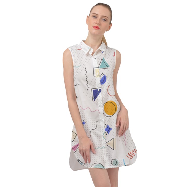 Memphis Pattern With Geometric Shapes Sleeveless Shirt Dress