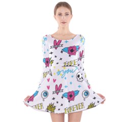 Emo Teens Doodle Seamless Long Sleeve Velvet Skater Dress by Vaneshart