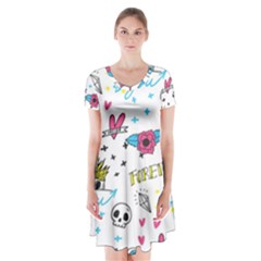 Emo Teens Doodle Seamless Short Sleeve V-neck Flare Dress by Vaneshart