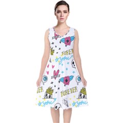 Emo Teens Doodle Seamless V-neck Midi Sleeveless Dress  by Vaneshart