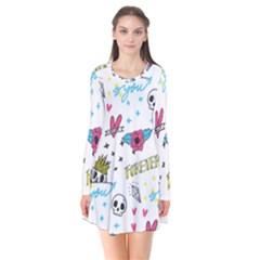 Emo Teens Doodle Seamless Long Sleeve V-neck Flare Dress by Vaneshart