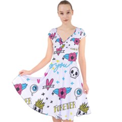 Emo Teens Doodle Seamless Cap Sleeve Front Wrap Midi Dress by Vaneshart