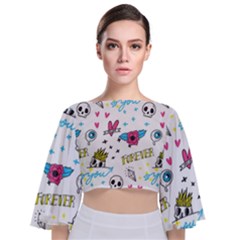 Emo Teens Doodle Seamless Tie Back Butterfly Sleeve Chiffon Top by Vaneshart