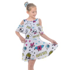 Emo Teens Doodle Seamless Kids  Shoulder Cutout Chiffon Dress by Vaneshart