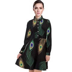 Seamless Pattern With Peacock Feather Long Sleeve Chiffon Shirt Dress