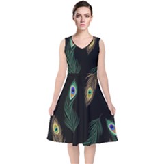 Seamless Pattern With Peacock Feather V-neck Midi Sleeveless Dress  by Vaneshart