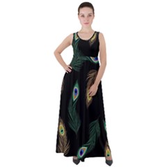 Seamless Pattern With Peacock Feather Empire Waist Velour Maxi Dress