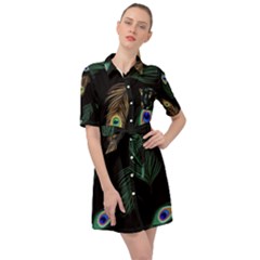 Seamless Pattern With Peacock Feather Belted Shirt Dress