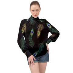 Seamless Pattern With Peacock Feather High Neck Long Sleeve Chiffon Top