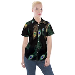 Seamless Pattern With Peacock Feather Women s Short Sleeve Pocket Shirt