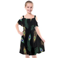 Seamless Pattern With Peacock Feather Kids  Cut Out Shoulders Chiffon Dress