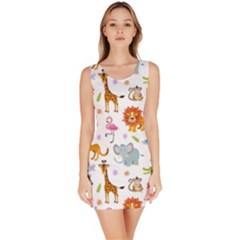 Children Seamless Wallpaper With Cute Funny Baby Savanna Animals Bodycon Dress