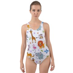 Children Seamless Wallpaper With Cute Funny Baby Savanna Animals Cut-out Back One Piece Swimsuit