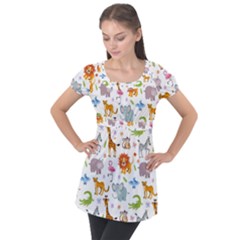 Children Seamless Wallpaper With Cute Funny Baby Savanna Animals Puff Sleeve Tunic Top by Vaneshart