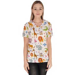 Children Seamless Wallpaper With Cute Funny Baby Savanna Animals Women s V-neck Scrub Top by Vaneshart