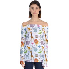 Children Seamless Wallpaper With Cute Funny Baby Savanna Animals Off Shoulder Long Sleeve Top