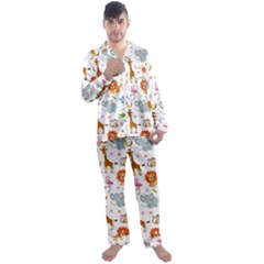 Children Seamless Wallpaper With Cute Funny Baby Savanna Animals Men s Satin Pajamas Long Pants Set