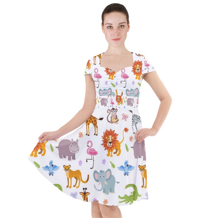 Children Seamless Wallpaper With Cute Funny Baby Savanna Animals Cap Sleeve Midi Dress