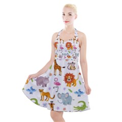 Children Seamless Wallpaper With Cute Funny Baby Savanna Animals Halter Party Swing Dress 